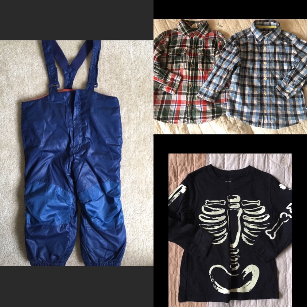 Boys snowpants, 2 shirts, 1 long sleeve tshirt.